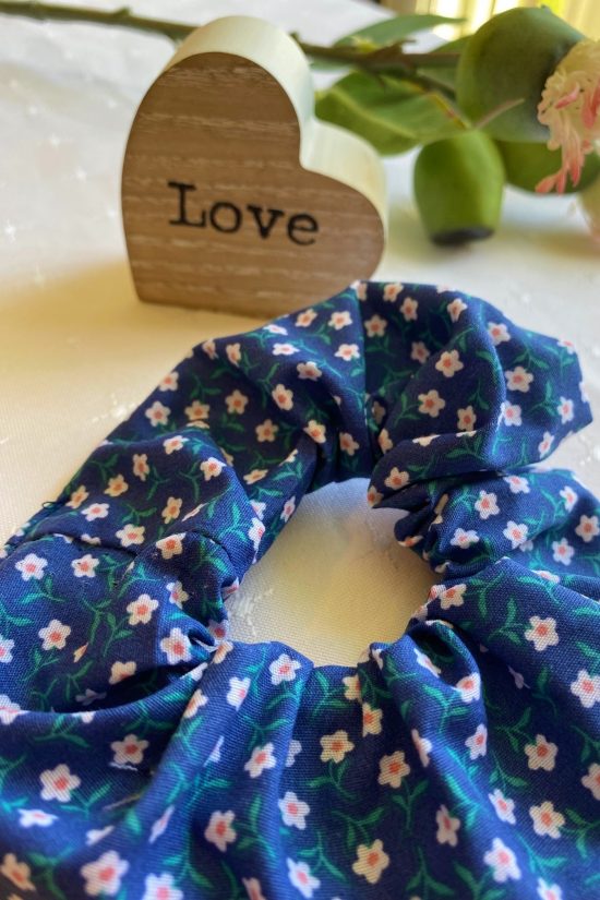 Navy and White Flowers Scrunchie